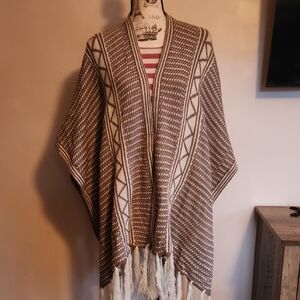 Brown and Cream Patterned Poncho with Fringe